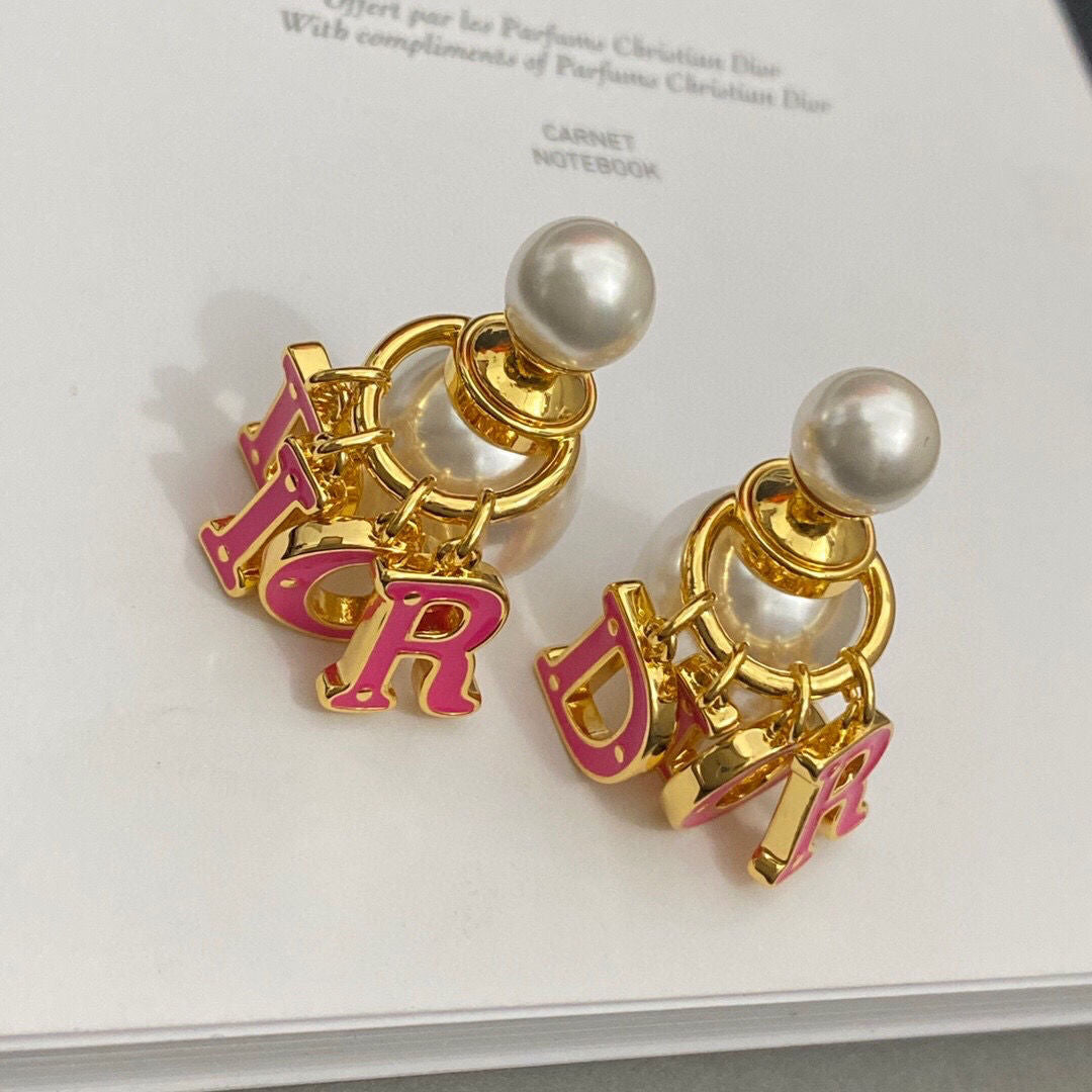 Christian Dior Fashion Women Pearl Pink Letter Earrings Accessor