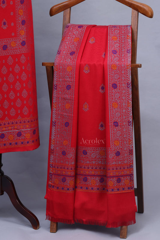 Red Heavy Thread Work Woollen Suit Set