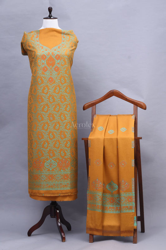 Mustard Motif Zari Woollen Party Wear Unstitched Suit Set