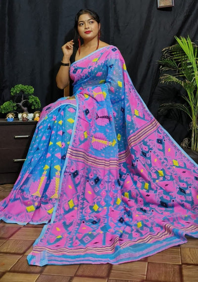 Bengal Shopping - One Life to Live - One Store to Shop | BS Light Sky Blue  Colour Banger Chhata Dhakai Jamdani Cotton Saree