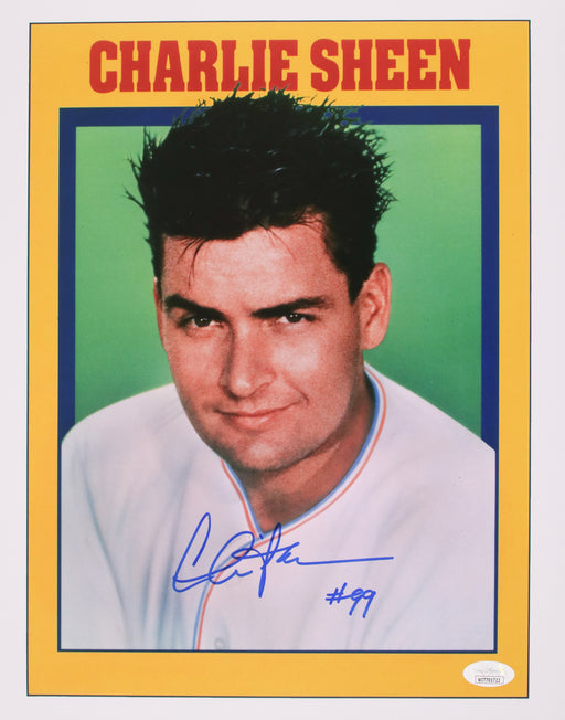 Charlie Sheen Inscription #99 Blue Major League 11x14 JSA