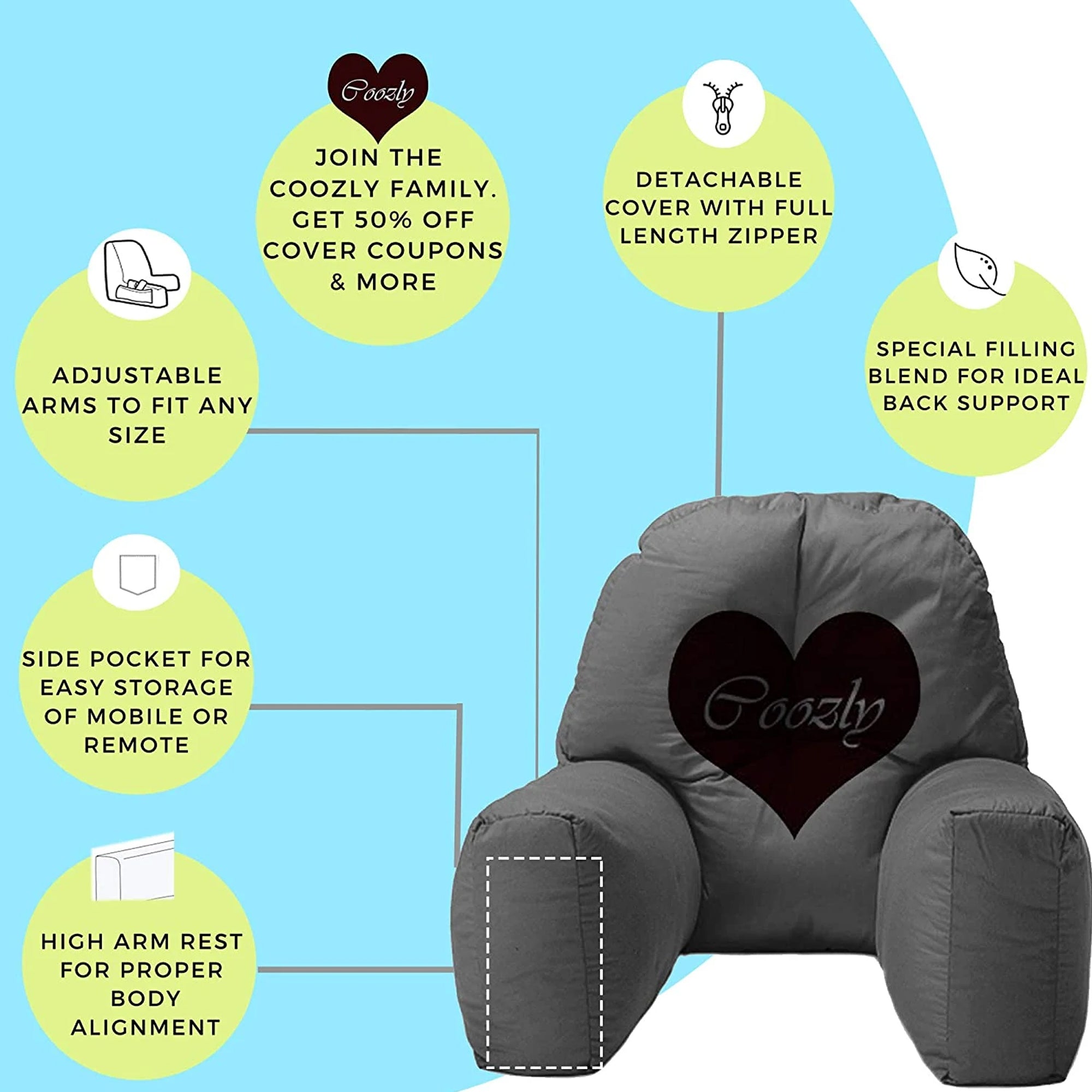 Backrest Pillow With Arms & Adjustable Headrest