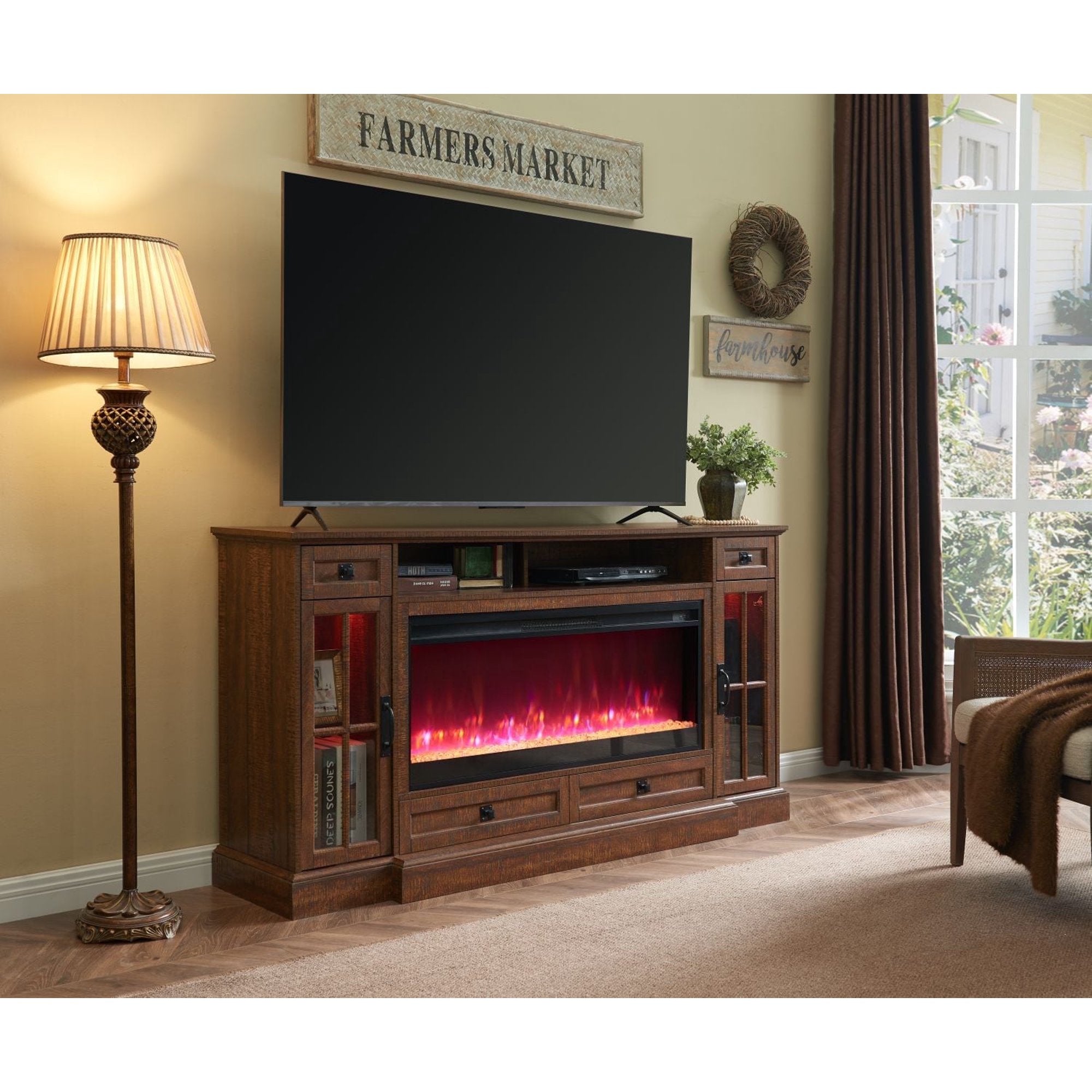 URBANMAX Fireplace TV Stand for 80 Inch TV, Farmhouse Entertainment Center with 42" Fireplace & LED Lights, Modern Media Console Table with Storage Drawers and Cabinets for Living Room