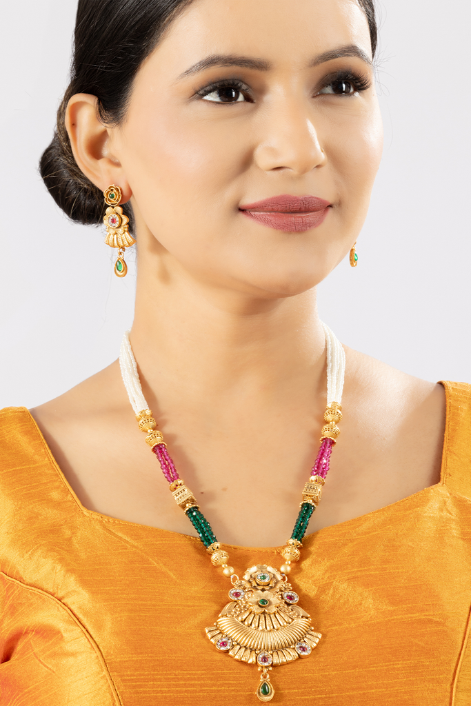 Ethnic Gold Pearl Long Necklace Set - Necklaces For Women by Niscka