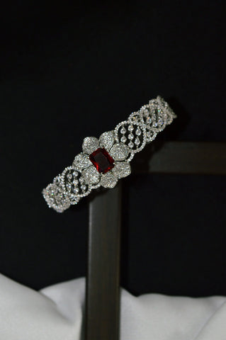 American Diamond Red Stone With Flower Shape Silver Plated Openable Bracelet