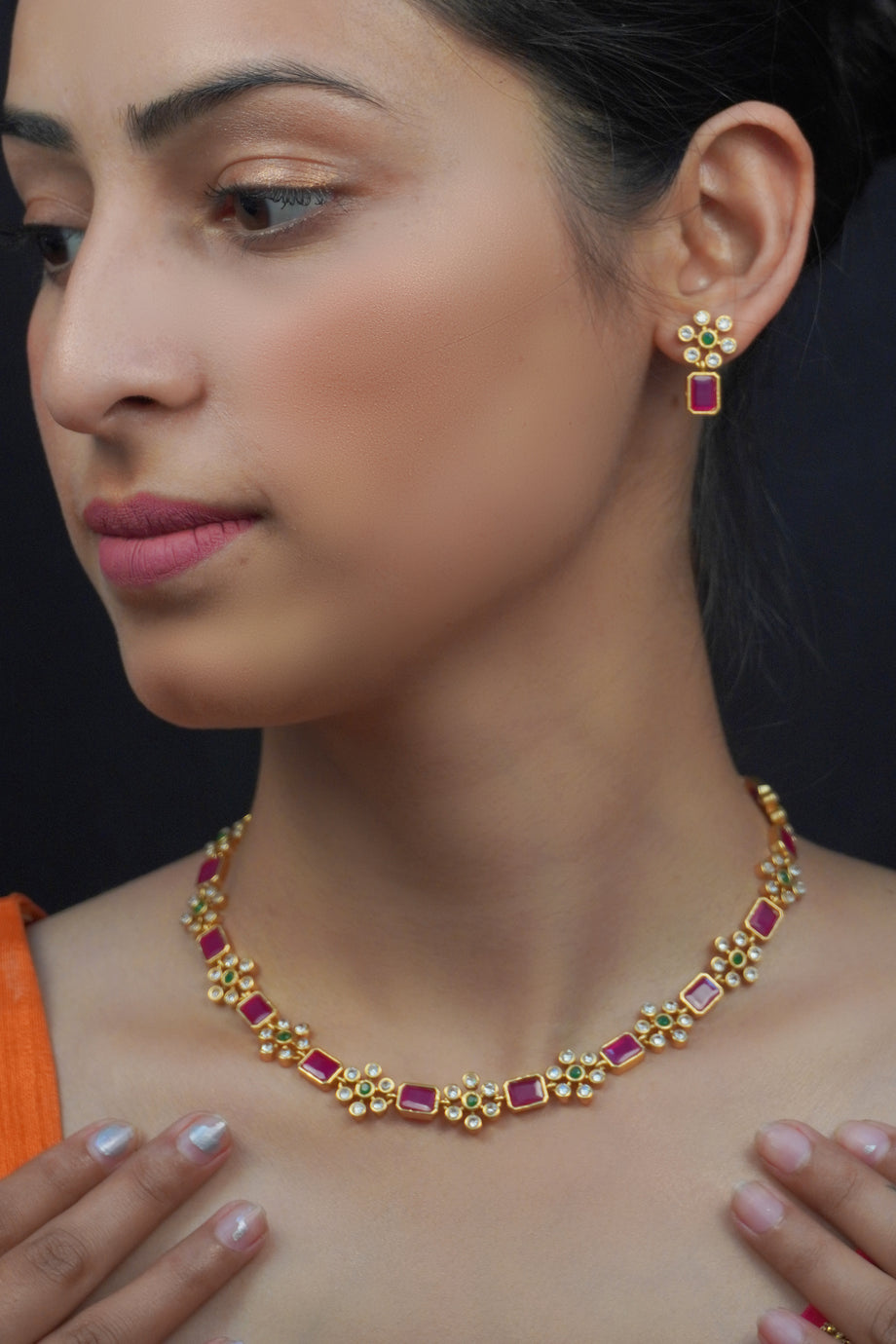 Gold Red Stone Necklace with Earrings by Niscka - Gold Necklace Design