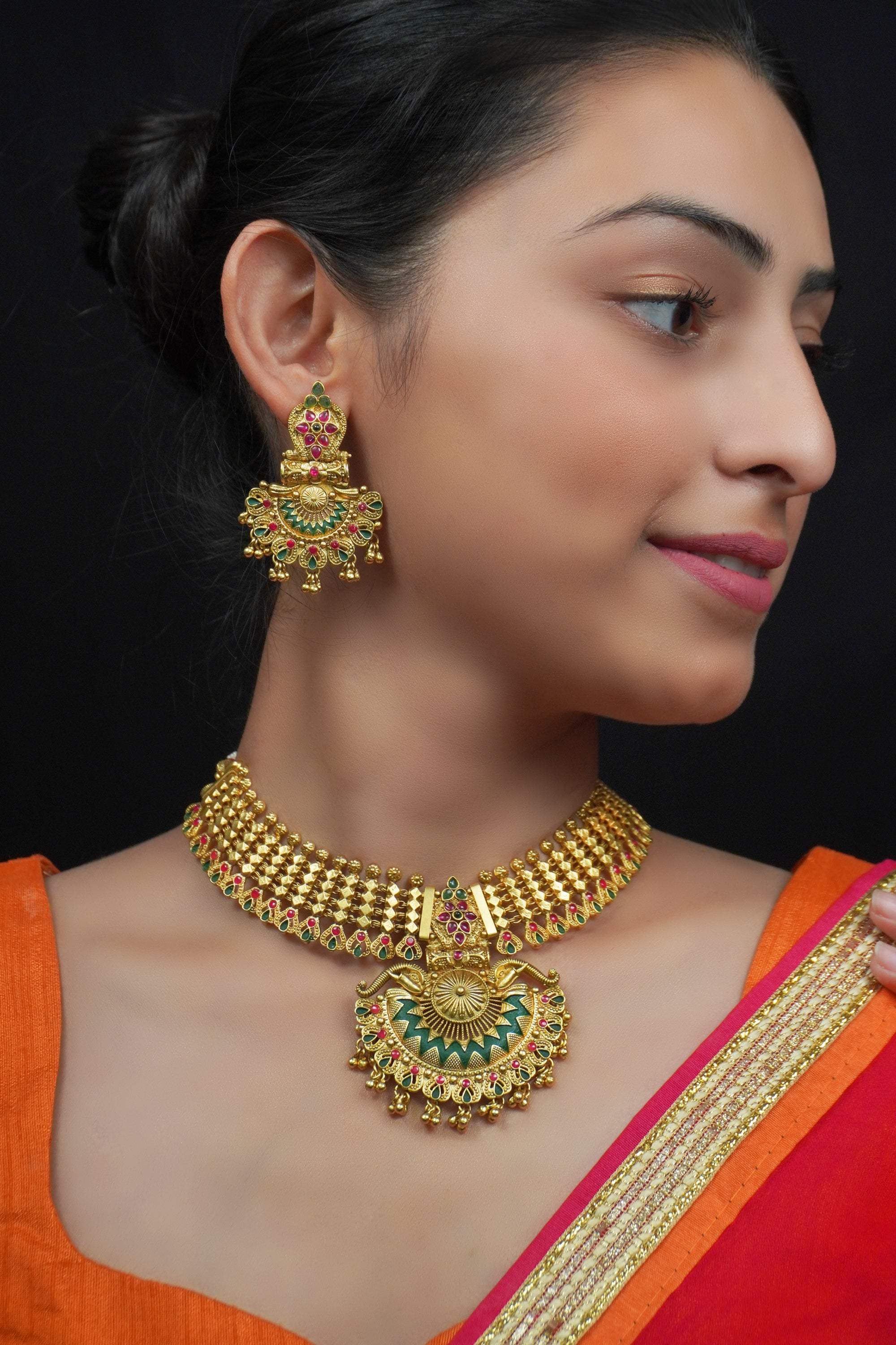 Buy OOMPH Red Beads and Kundan Multi Layer Ethnic Choker Necklace Set online