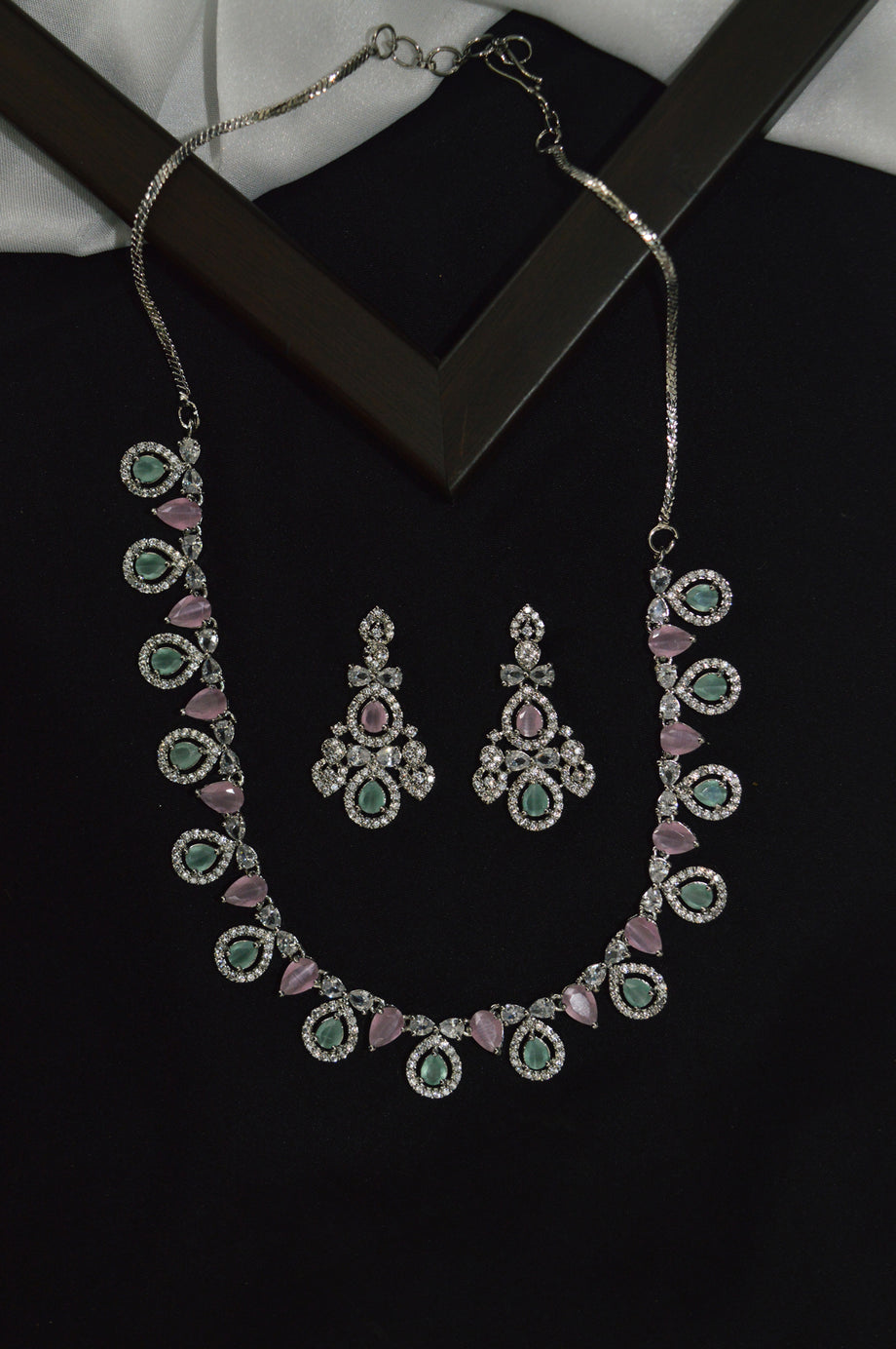 silver american diamond necklace set