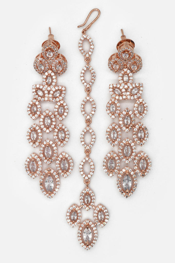 ElectrifyingJewelery American Diamond Rose Gold/Silver Plated Choker Necklace Set with Hoop Earrings & Maangtika Combo Set Stone Wedding Bridal Indian Jewellery