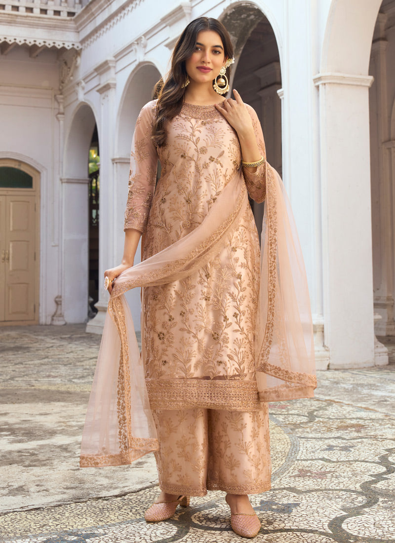 Embroidered Net Pakistani Suit in Magenta : KUF15722