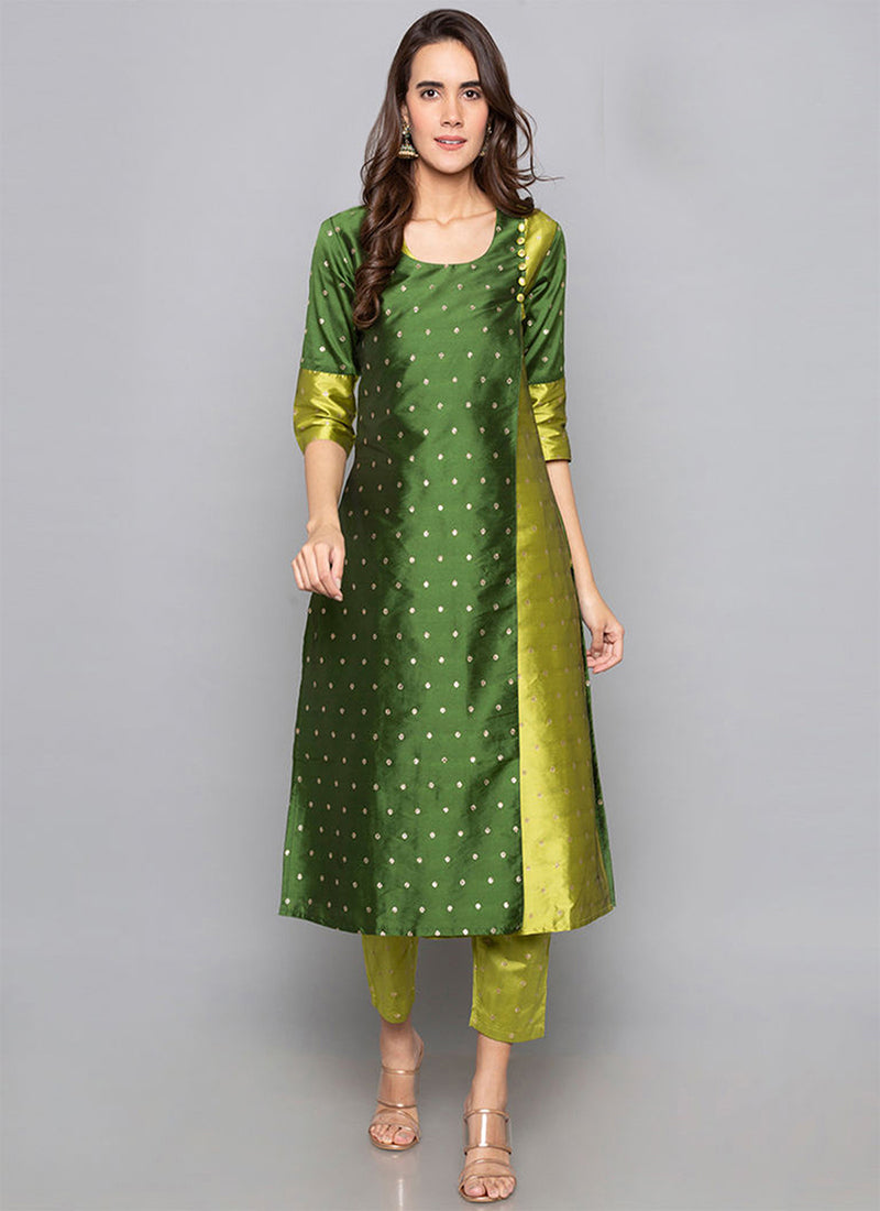Olive Green and Mustard Yellow Kurti with Pant and Dupatta – Thogai Threads