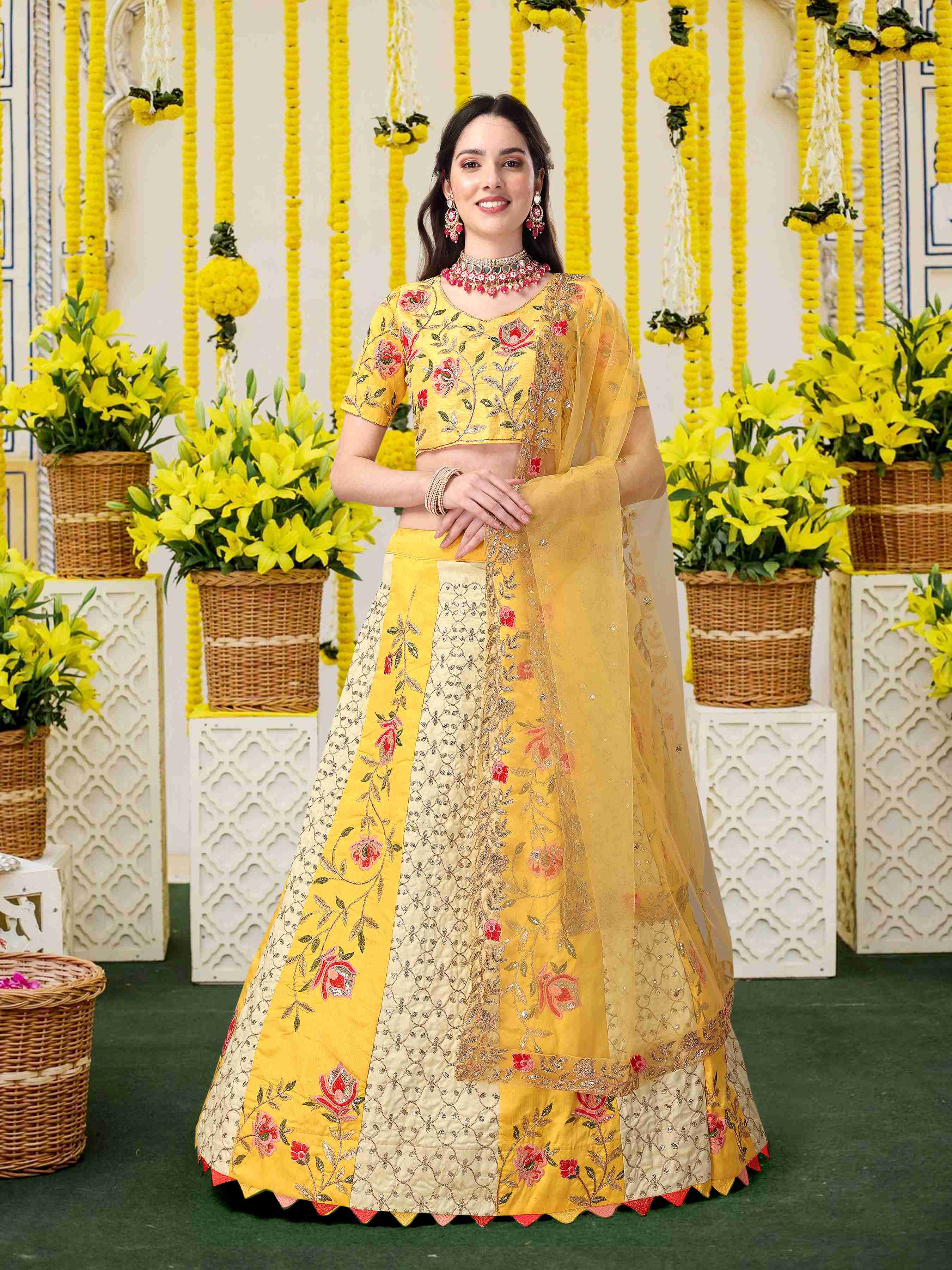 Yellow And Pink Zari Work Lehenga Choli