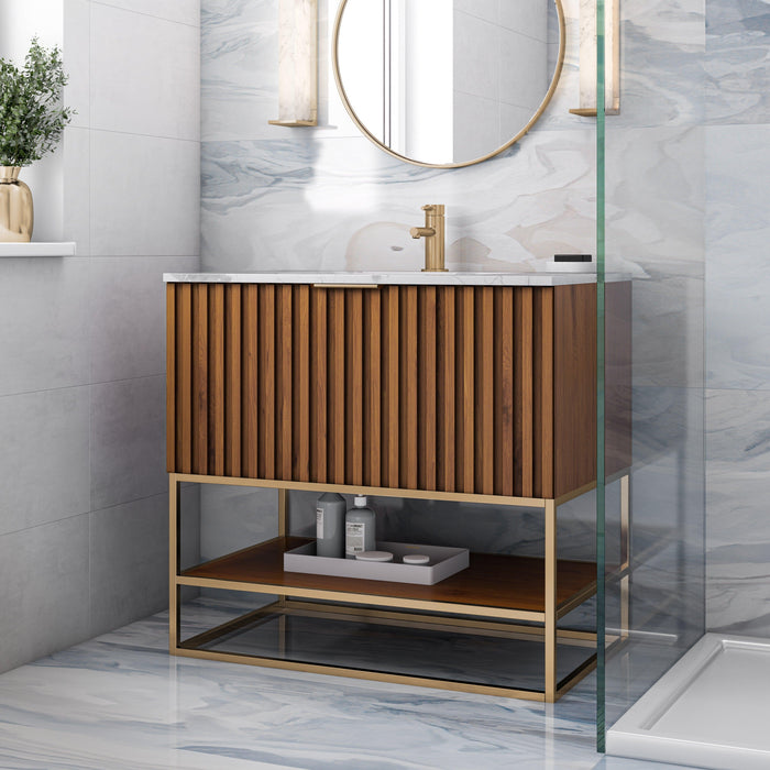 BEMMA Design Terra Single Bathroom Vanity Set in Walnut with White Quartz or Carrara Marble Top