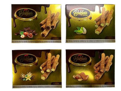 20 Sticks 4 flavors 5 hazelnut chocolate 5 pistachio 5 peanut butter 5 –  Baklava sticks