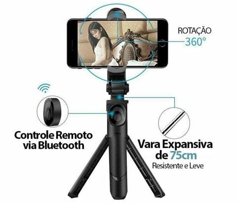 Pau de selfie com rotação 360º + controle remoto via bloutooth