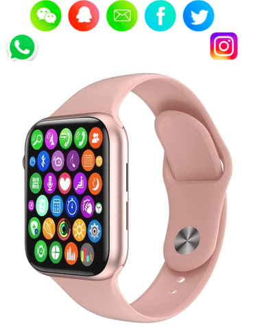Smartwatch rosa com menu colmeia e notificação redes sociais