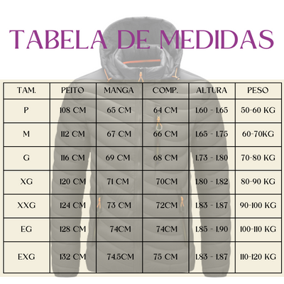 Tabela de medidas jaqueta Puffer