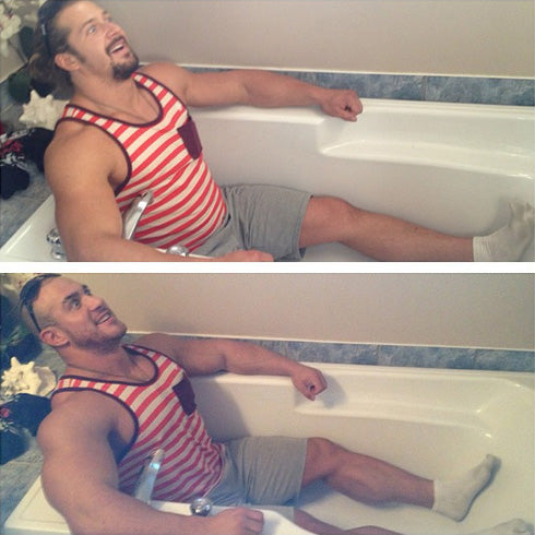 Jujimufu Antoine Vaillant wearing stripes in bathtub