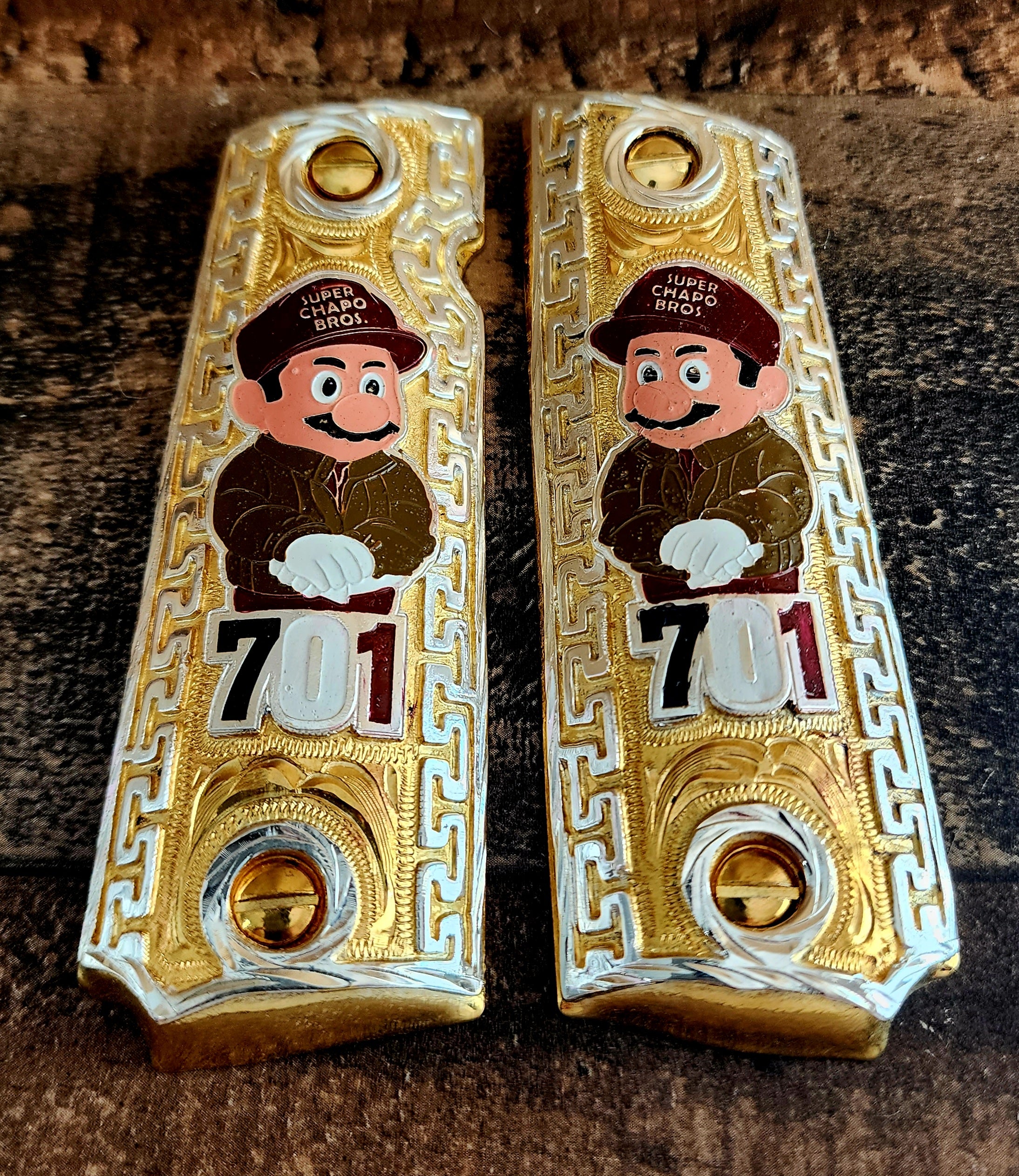 Super chapo bros 1911 full size Custom handmade Grips gold silver plated 45/38 & any1911 full size