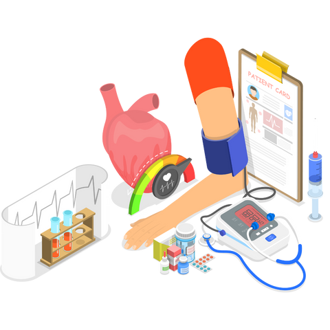 a group of images including a blood pressure monitor, medications in relation to monitoring and treating hypertension