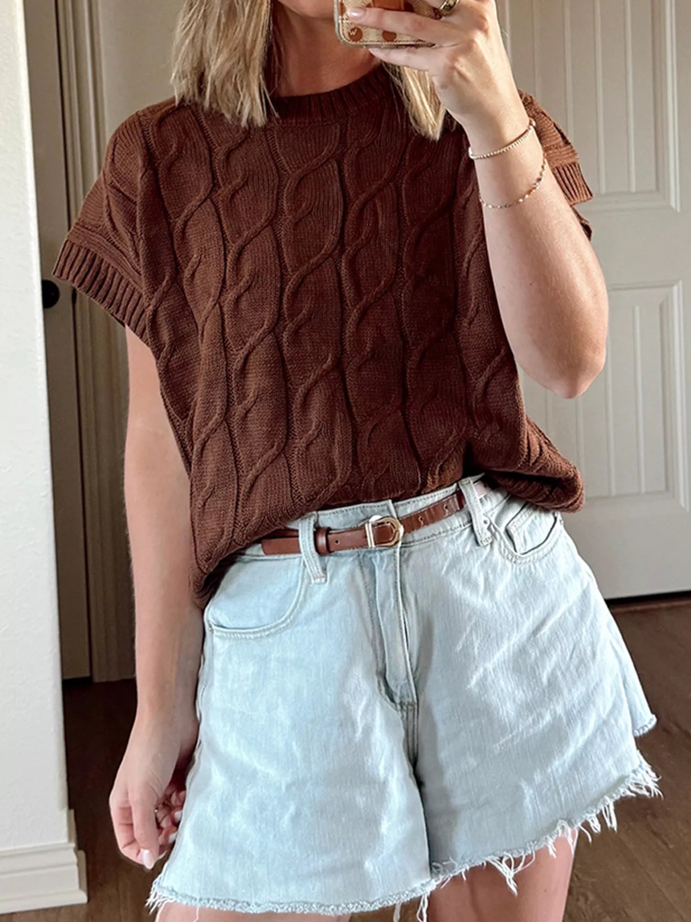 Cable Texture Crew Neck Short Sleeve Sweater Top