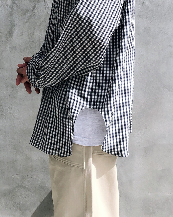 INTERIM/GINGHAM SILK POPLIN MANHATTAN BUTTON DOWN SHIRT (NAVY CHECK)