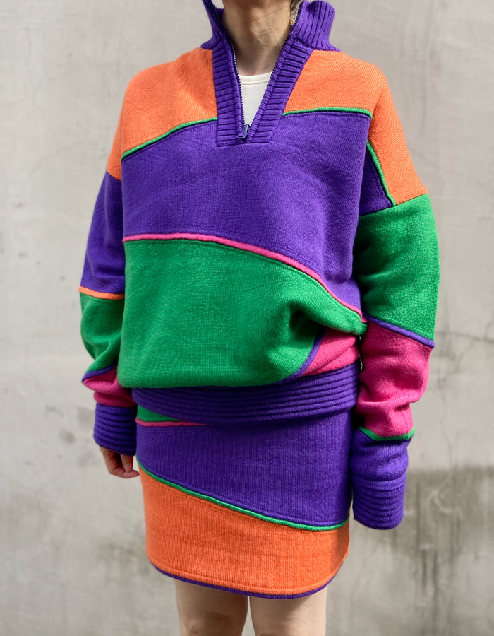 FUMIKA_UCHIDA/JACQUARD KNITTED OVERSIZED REVERSIBLE HALF ZIP JUMPER(COLOR BLOCK/ORANGE)