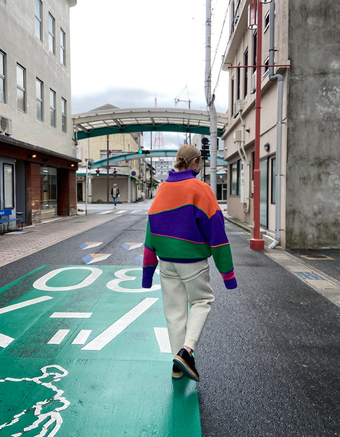 FUMIKA_UCHIDA/JACQUARD KNITTED OVERSIZED REVERSIBLE HALF ZIP JUMPER(COLOR BLOCK/ORANGE)