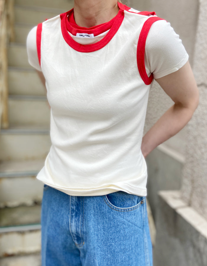 FUMIKA_UCHIDA/TRIMMED DOUBLE-NECK TEE