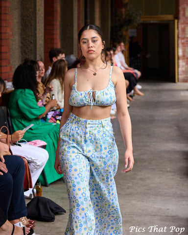 sustainable 70's inspired flower print wide leg linen pants