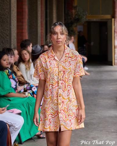 groovy 70's inspired linen dress by aussie fashion label Arlo and Olive