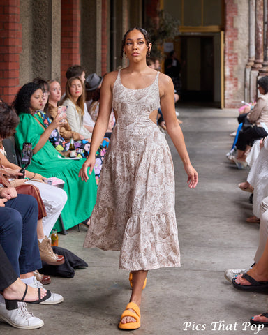 boho linen beige flowy dress. sustainable and ethical australian fashion label