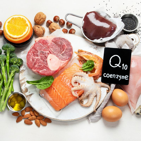 Healthy foods that contain coenzyme Q10 (CoQ10), such as fruits, vegetables, whole grains, and lean proteins.