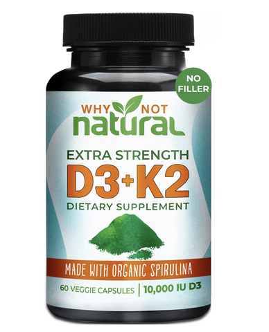 A bottle of natural D3 + K2 dietary supplement