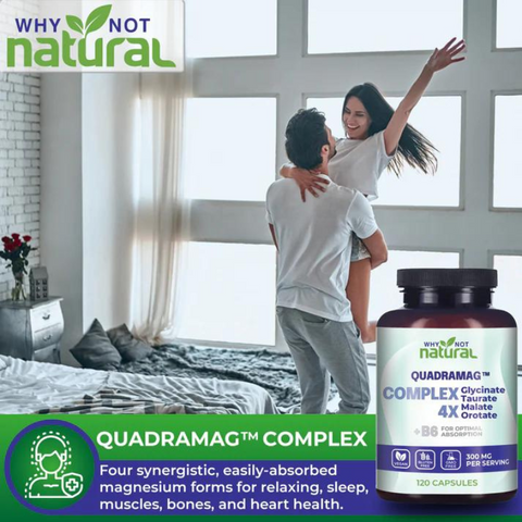 A bottle of 'Why Not Natural Quadramax Complex' with a blend of natural ingredients for optimal health and wellness.