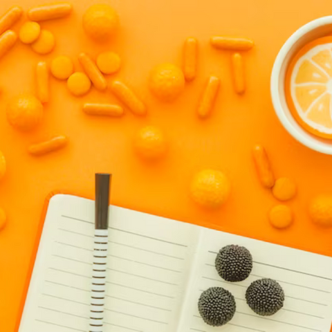 Orange background with pills and glasses of orange juice.