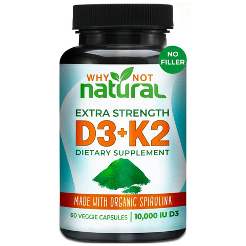 A bottle of natural D3K2 supplement, a dietary product that combines vitamin D3 and vitamin K2.