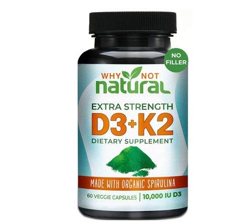 WhyNotNatural Dietary Supplement: D3+K2, extra strength, made with organic spirulina.