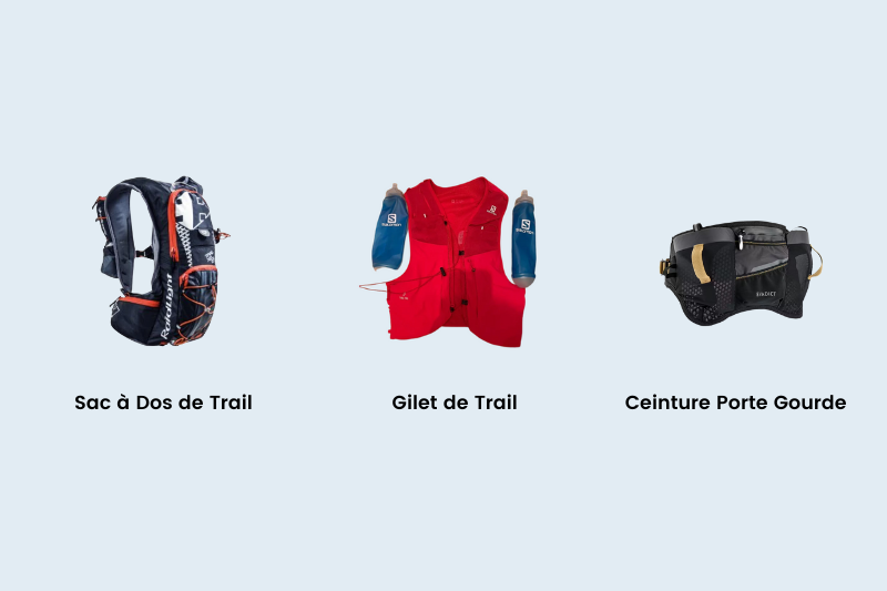 Il existe 3 grands types de sacs de trail : gilet, sac à dos et la ceinture porte gourde