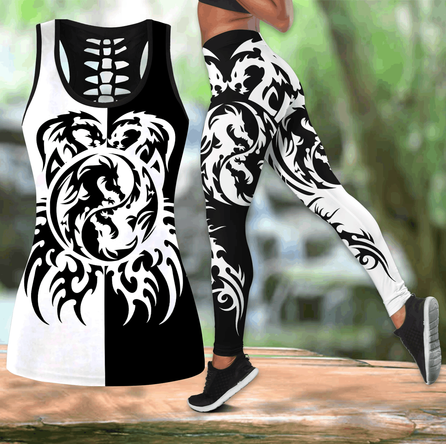 Tribal Dragon Black And White Legging Tanktop, Dragon Lover Legging Tanktop