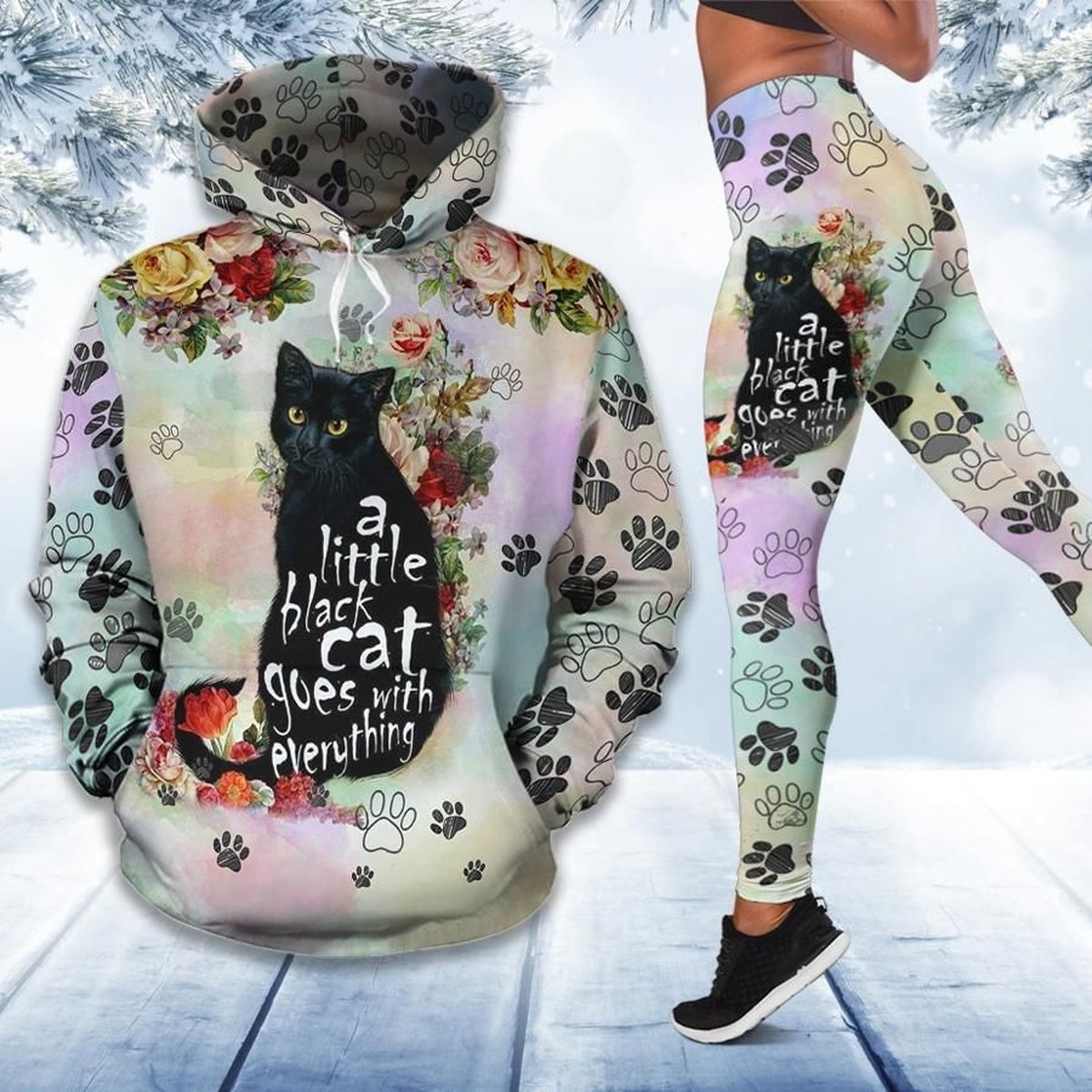 A Little Black Cat Goes With Everything Legging Hoodie , Cat Lovers  Legging Hoodie