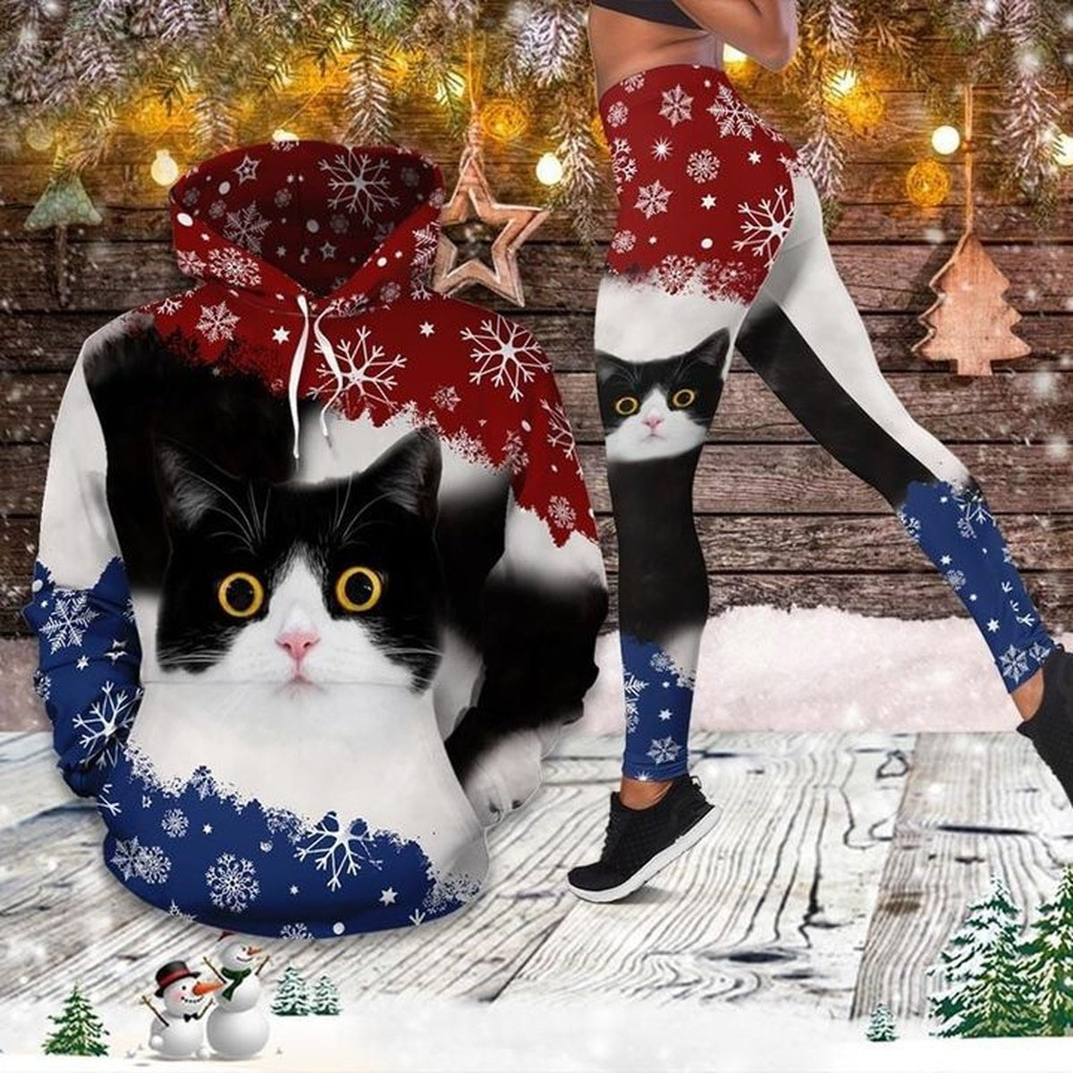 Tuxedo Cat Blue And Red Amazing Legging Hoodie , Cat Lovers Legging Hoodie