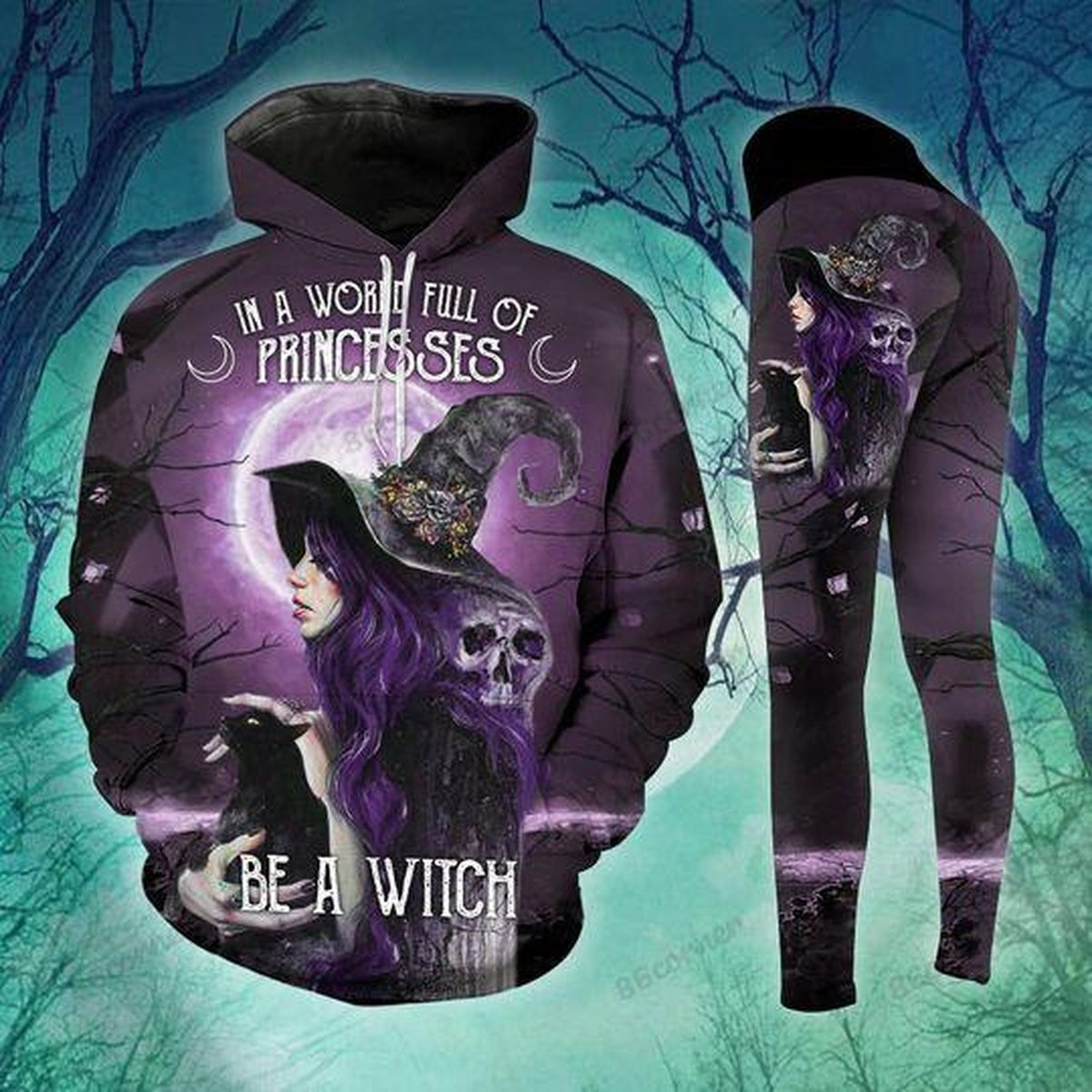 Be A Witch Cat Moon Violet Legging Hoodie, Witch Legging Hoodie