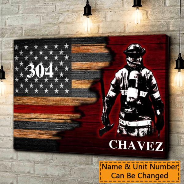 Personalized Firefighter Canvas – Half Thin Red Line Bunker Gear With Unit Number Thin Red Line