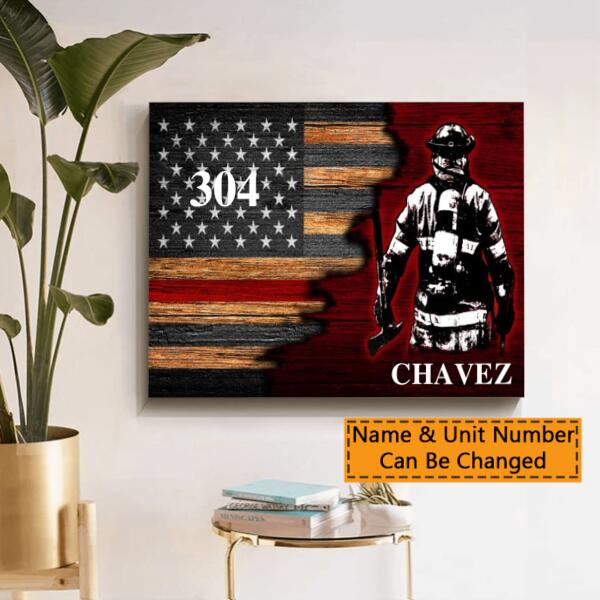 Personalized Firefighter Canvas – Half Thin Red Line Bunker Gear With Unit Number Thin Red Line
