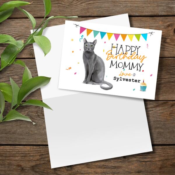 Personalized Russian Blue Cat Birthday Card From The Cat For Mum Dad Or For The Cat