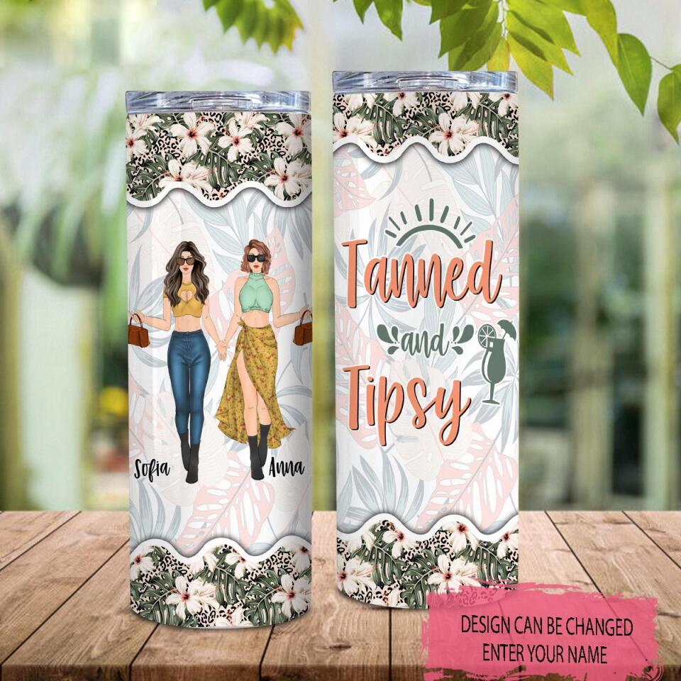 Personalized Tanned And Tipsy Skinny Tumbler, Custom Besties, Friends, Sisters Skinny Tumbler