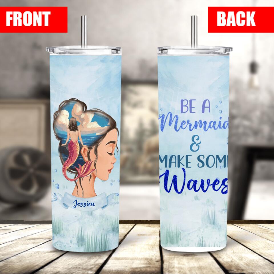 Personalized Be A Mermaid & Make Some Wave Skinny Tumbler, Custom Beach Lover Skinny Tumbler