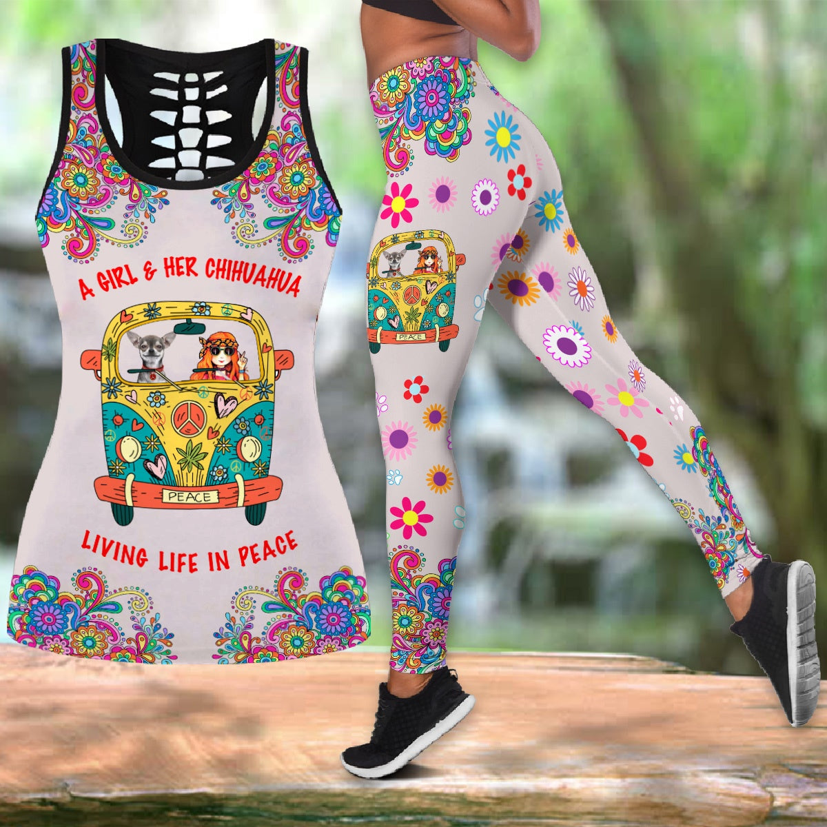 A Girl And Her Chihuahua Living Life In Peace Legging Tanktop, Hippie Legging Tanktop