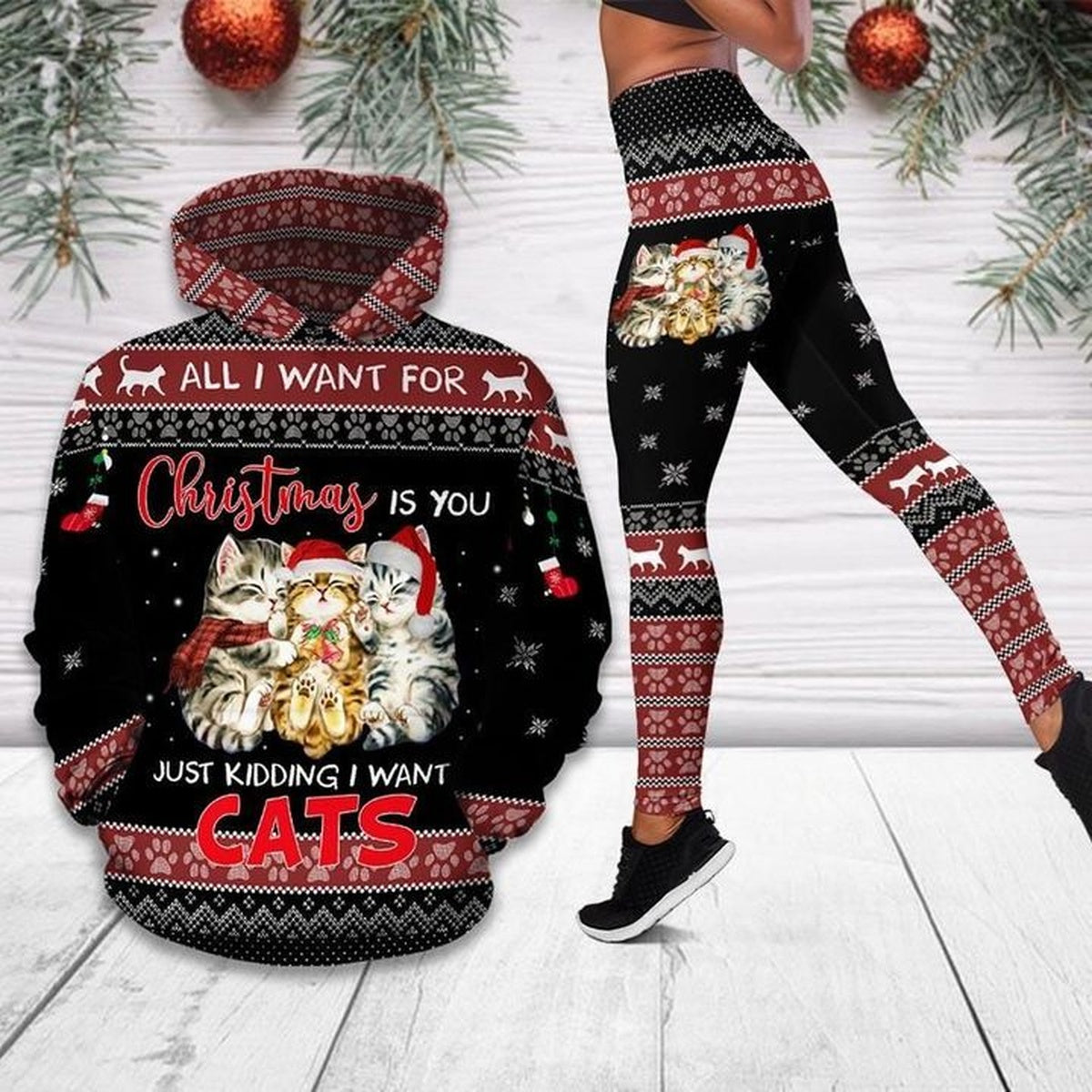 All I Want For Christmas Red Cat Just Kidding Legging Hoodie , Cat Lovers Legging Hoodie
